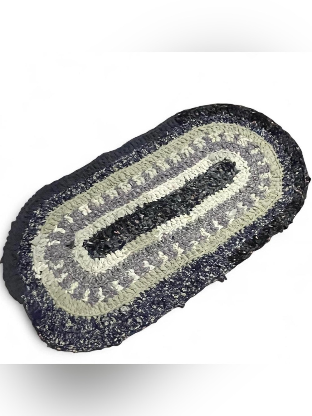 Handmade Oval Crocheted Rag Rug Gray Lavender Navy Cottagecore Granny Prairie